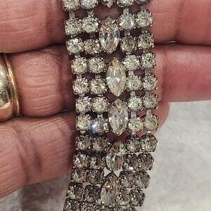 Weiss Rhinestone Statement Bracelet Wide 5 Row Marquise Round Crystal Silver VTG